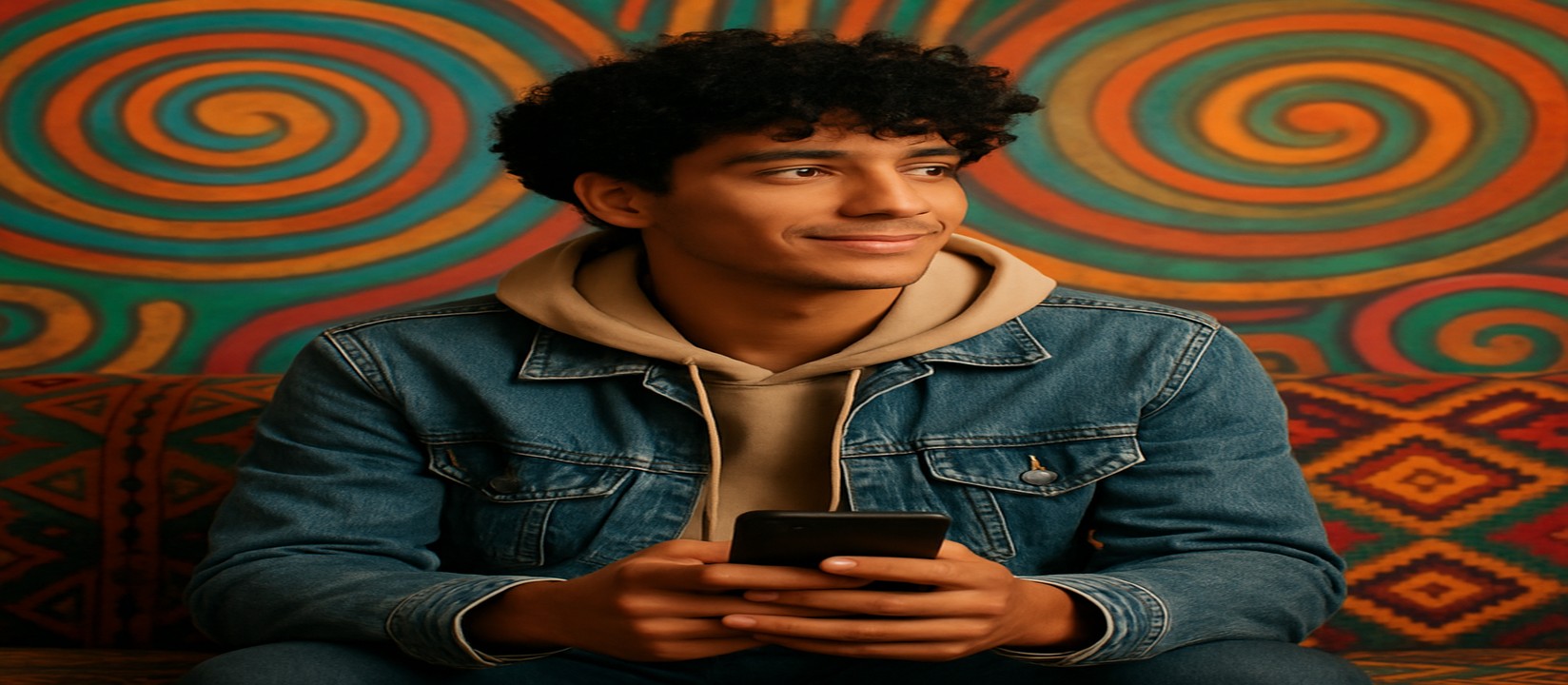 ডেনিম জ্যাকেট পরা একজন ব্যক্তি সোফায় বসে হাতে ফোন নিয়ে bd1111 অ্যাপে গেম খেলছে