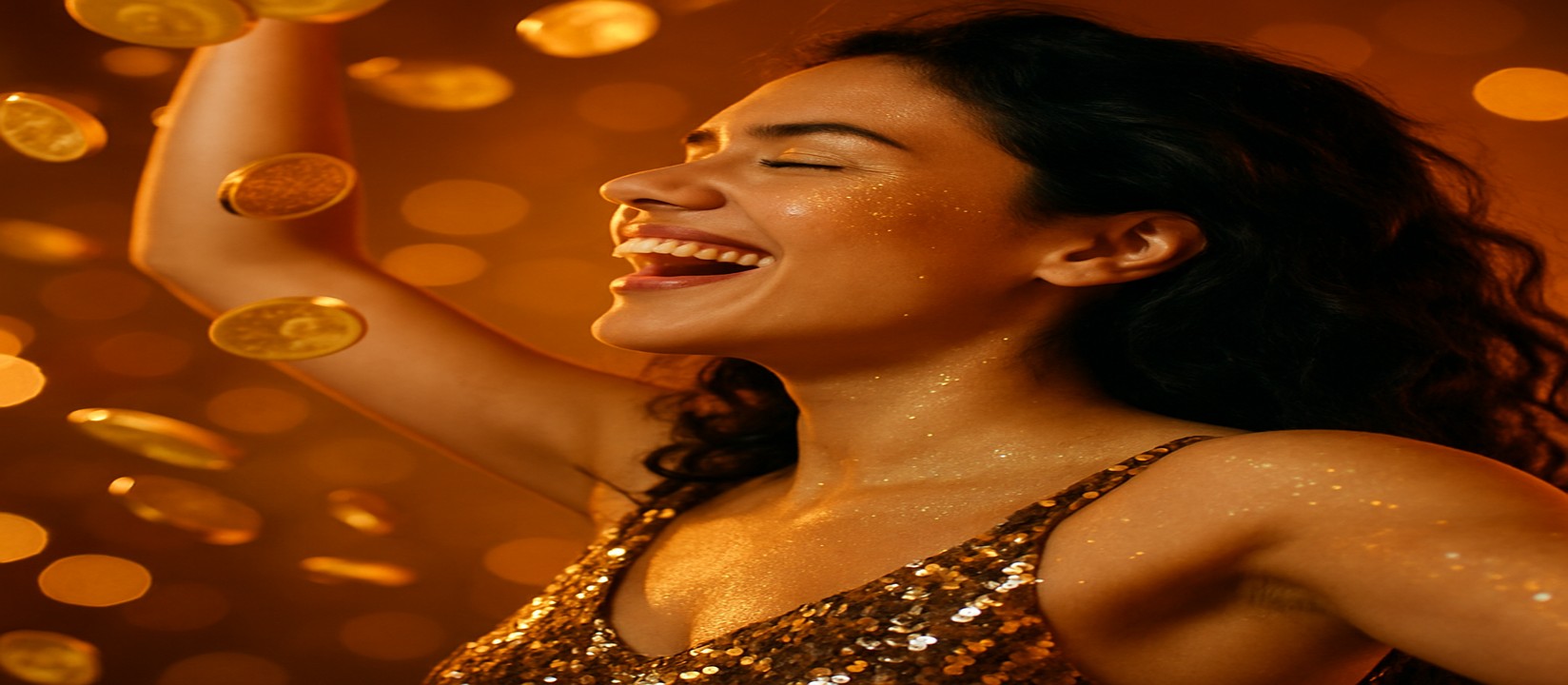 একজন নারী bd1111-এর Aviator জয় উদযাপন করছেন, চারপাশে bd1111-স্বর্ণ মুদ্রা উড়ছে