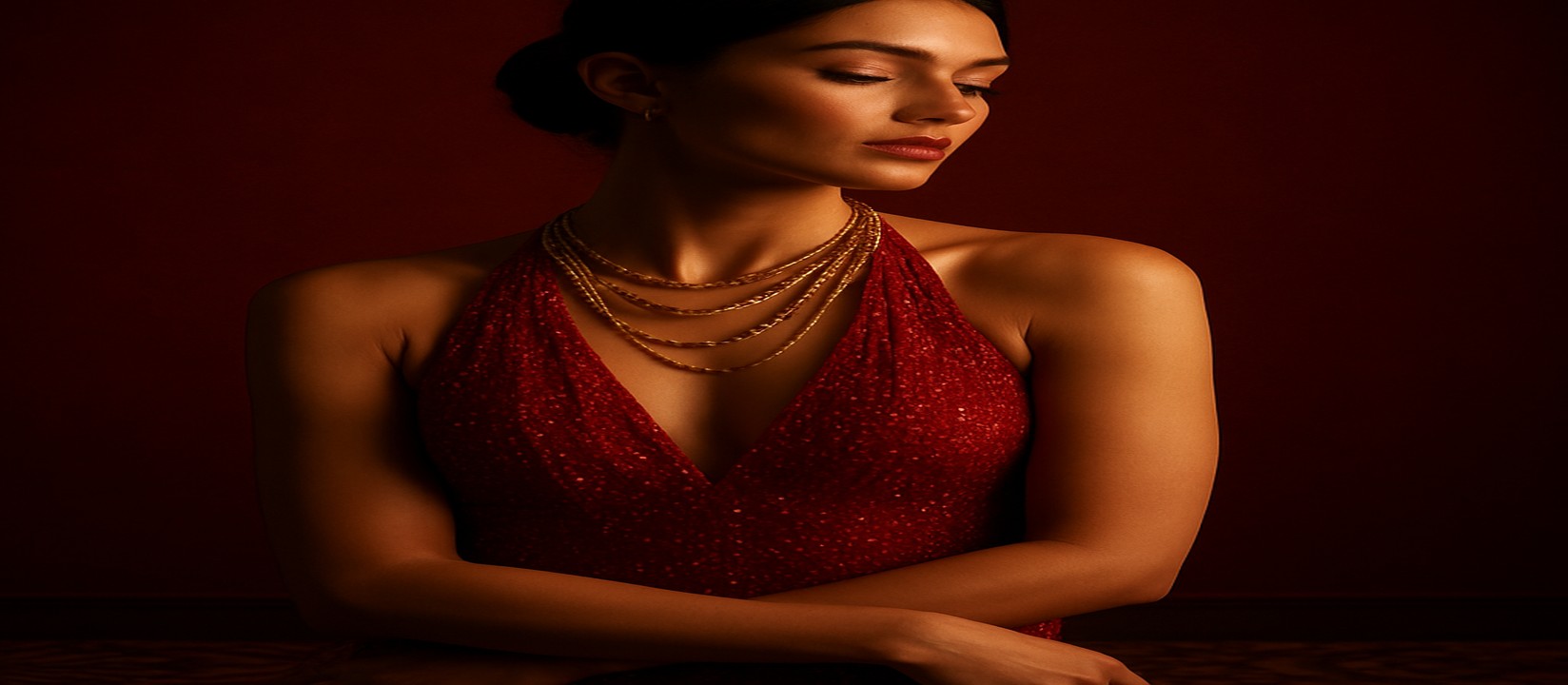 bd1111 গেমিং প্ল্যাটফর্মের টেবিলে একটি সুন্দর লাল পোশাক পরা নারী উপস্থাপিকা উপস্থিত