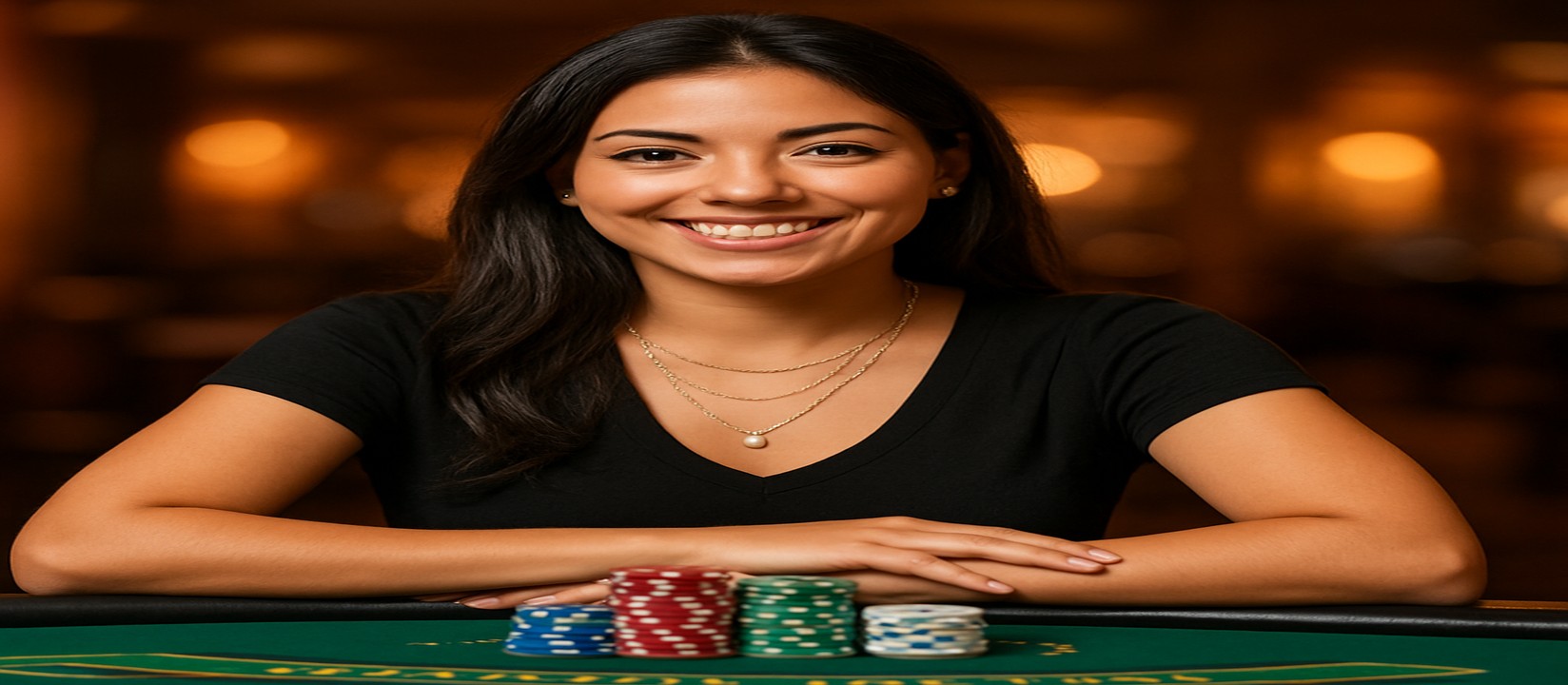 একটি হাসিখুশি নারী কর্মী bd1111 গেমিং প্ল্যাটফর্মের কার্ড টেবিলে বসে সামনে চিপস ও কার্ড রেখে বিস্তৃত খেলার পছন্দসমূহ প্রস্তাব করেন।