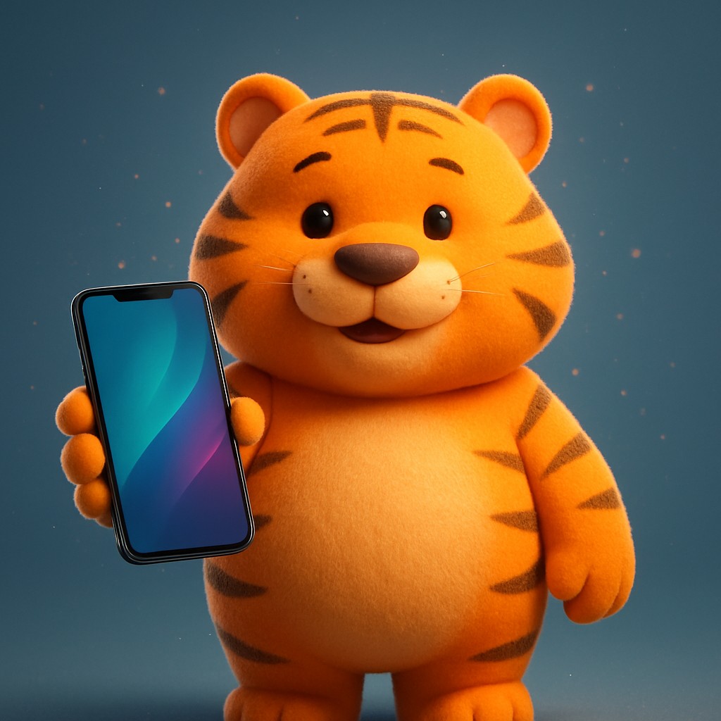 একটি কার্টুন টাইগার বাচ্চা তার মুঠোয় একটি স্মার্টফোন ধরে আছে, bd1111 অ্যাপটি দ্রুত ও নির্ভরযোগ্য