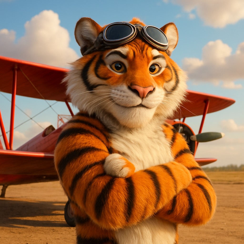 bd1111-এর Aviator গেমটির জন্য একটি বাঘ-চালিত পাইলট লাল রঙের পুরনো বিমানের পাশে দাঁড়িয়ে সেই গেমটির প্রতীক হিসেবে উপস্থিত রয়েছে