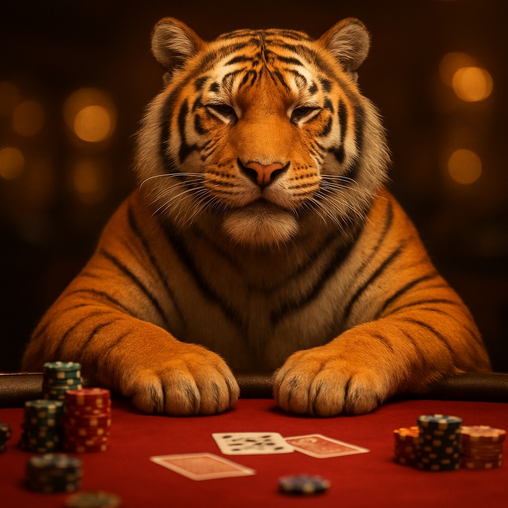 bd1111 গেমিং প্ল্যাটফর্মে একটি হাসিখুশি বাঘছানা চিপসসহ একটি গেমিং টেবিলে বসে আছে