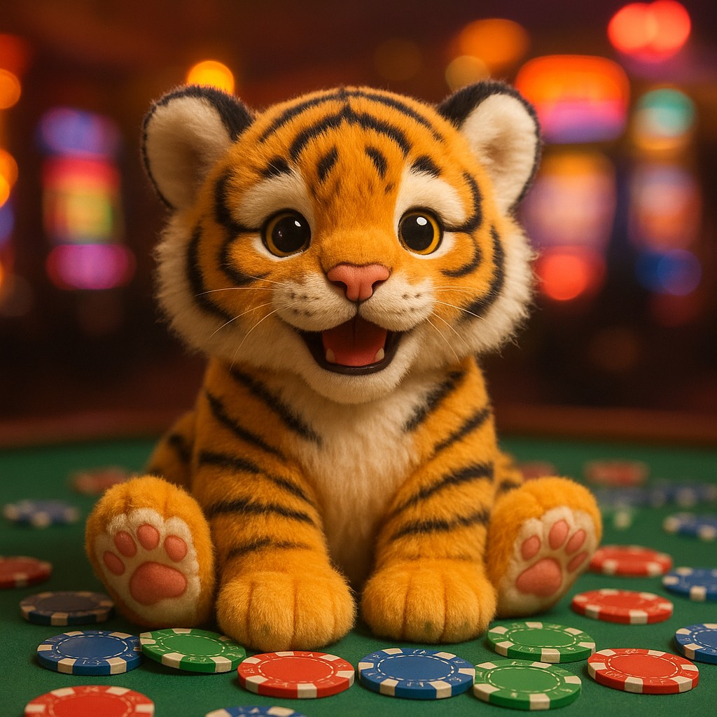 একটি ছোট বাঘের শাবক একটি টেবিলে চিপস নিয়ে বসে রয়েছে।