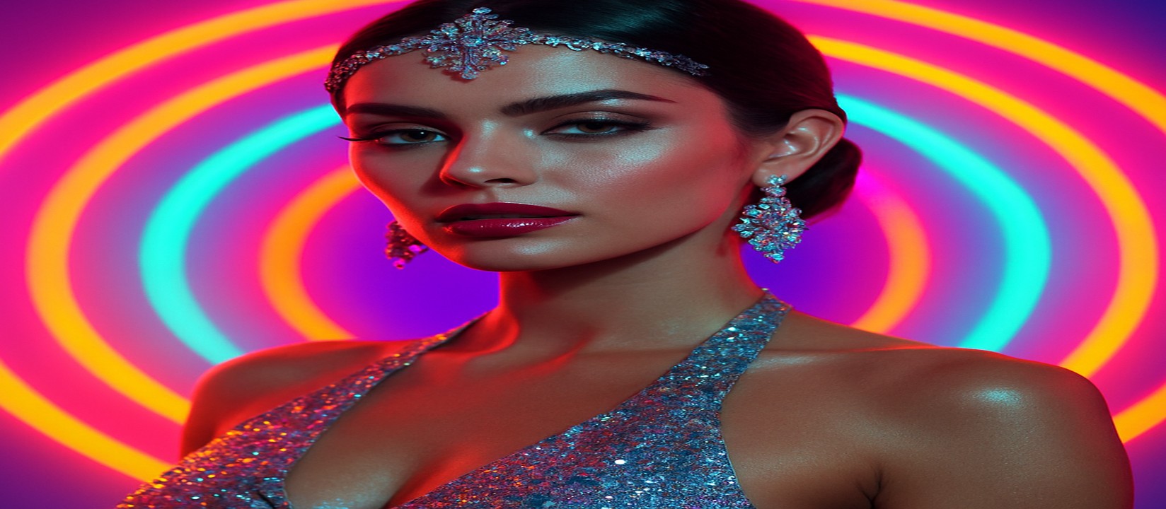 bd1111 গেমিং প্ল্যাটফর্ম হুইলটির সামনে উজ্জ্বল রঙের সিকুইন পোশাক পরা একজন নারী দাঁড়িয়ে আছেন