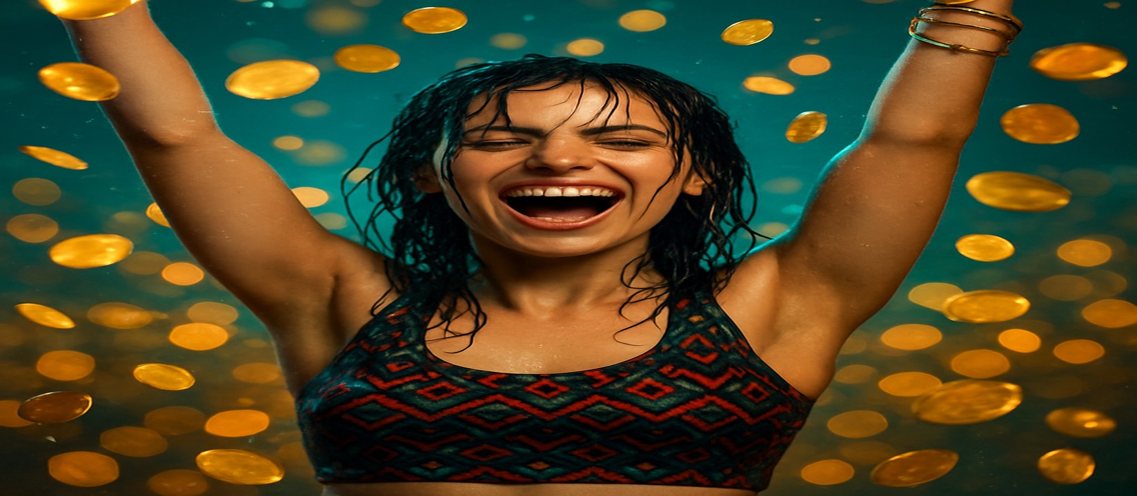 bd1111 গেমিং প্ল্যাটফর্মে কয়েন বৃষ্টির মতো মুহূর্তে একটি রঙিন টপ পরা একজন নারী দাঁড়িয়ে আছেন